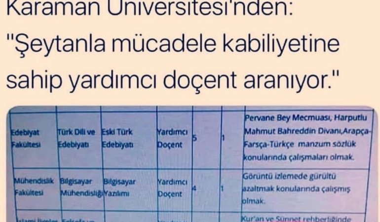 Şeytanla Mücadele Edecek Akadamisyen İlanı! Karaman Üniversitesi…