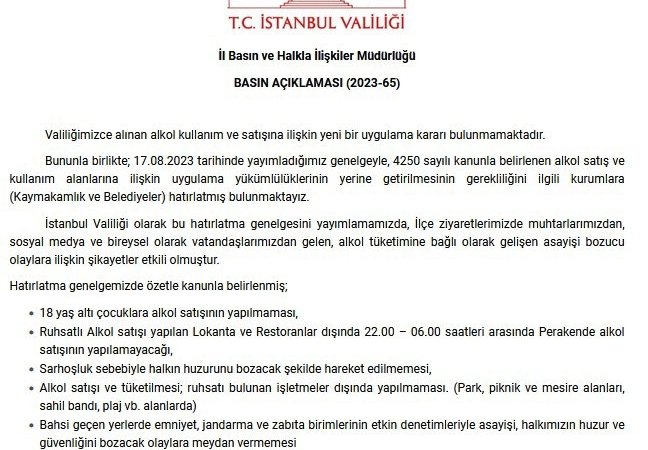 İstanbul Valiliği Alkol Satışı ve Kullanımına İlişkin basın açıklaması yaptı