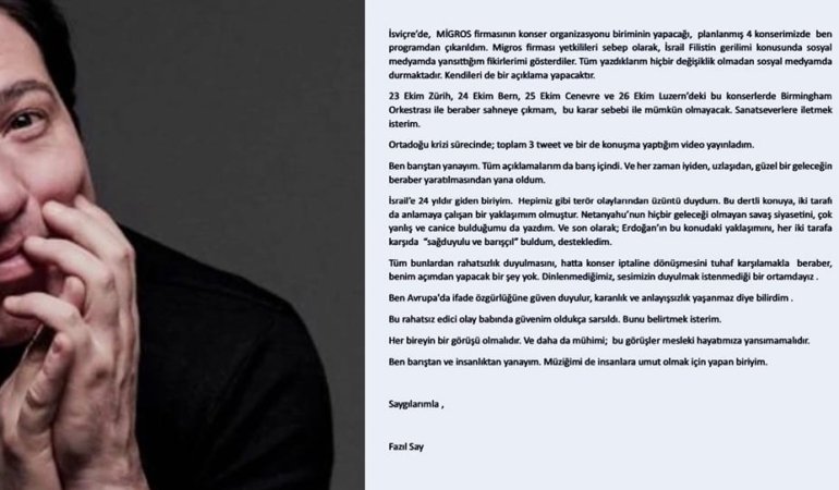 Fazıl SAY’ın İsveç Konserleri, Filistin paylaşımları nedeniyle, MİGROS tarafından iptal edildi. Netanyahu’nun savaş siyasetini canice…
