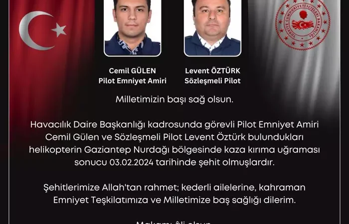 Gaziantep’te düşen helikopterde 2 pilot şehit oldu
