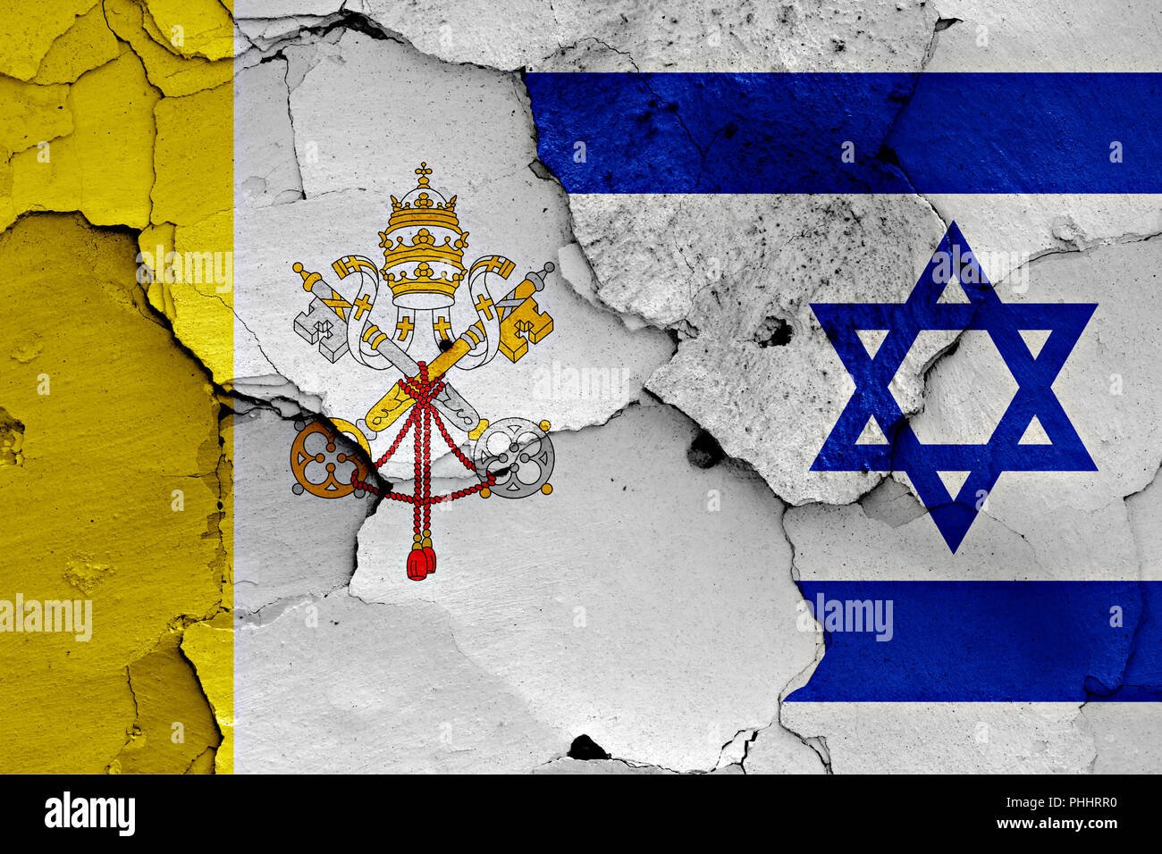 flag-of-vatican-and-israel-painted-on-cracked-wall-PHHRR0