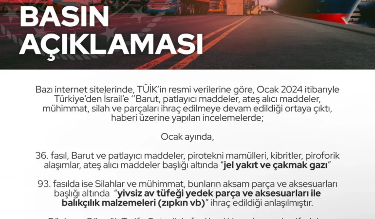 MSB ve Ticaret Bakanlığı, İsrail’e Silah Malzemesi Satılması iddialarına yanıt verdi. TÜİK’ten silah malzemesi açıklaması…