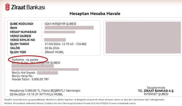 Kırşehir’de 5.000 TL “oy parası” dağıtıldığına ilişkin belge ortaya çıktı. Seçim rüşvetinin dekontu…