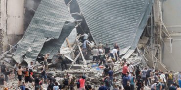 Rescuers work at Ohmatdyt Children's Hospital that was damaged during a Russian missile strikes, in Kyiv